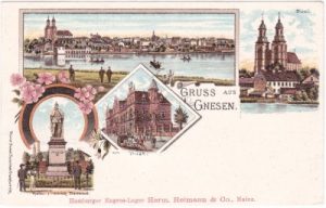 Gnesen (Gniezno), u.a. Postamt, Farblitho, ca. 1900