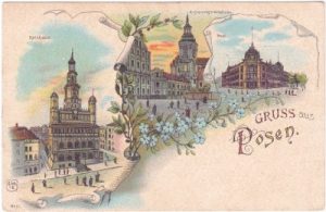 Posen, u.a. Postamt, Rathaus, Farblitho, ca. 1900