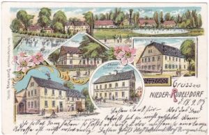 Nieder-Rudelsdorf, u.a. Schule, Farblitho, ca. 1900