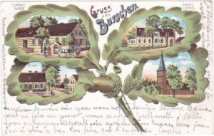 Burschen (Boryszyn), u.a. Schule, Farblitho, ca. 1905