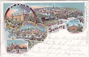 36110 Schlitz in Oberhessen u.a. Bahnhof, Winter-Farblitho, ca. 1900