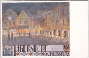 Jägerndorf (Krnov), Künstlerkarte, ca. 1910