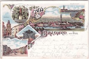 Braunau am Inn, u.a. Stadtplatz, Farblitho, ca. 1895