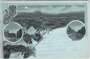 Schwanenstadt, u.a. Stadtplatz, Mondschein-Litho, ca. 1895