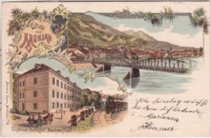 Mühlau (Innsbruck), u.a. Gasthaus Dollinger, Farblitho, ca. 1895