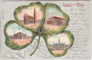 Wien, u.a. Rathaus, Stephansdom, Kleeblatt-Farblitho, ca. 1900