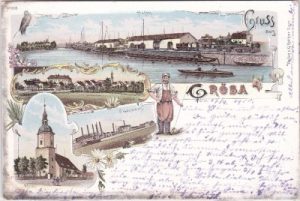 01591 Gröba (Riesa), u.a. Hafen, Farblitho, ca. 1900