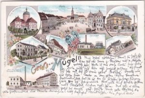 04769 Mügeln, u.a. Bahnhof, Farblitho, ca. 1895