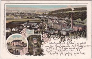 09557 Falkenau (Flöha), u.a. Bahnhof, Farblitho, ca. 1900
