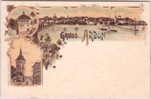 Arbon, u.a. Post, Rathaus, Farblitho, ca. 1900
