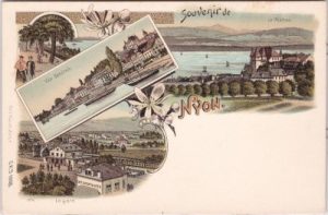 Nyon (Waadt), u.a. Bahnhof, Farblitho, ca. 1900