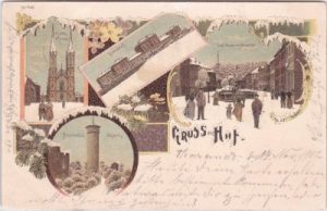 95028 Hof (Saale), u.a. Bahnhof, Winterlitho, Farblitho, ca. 1900