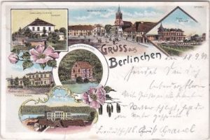 Berlinchen (Barlinek), u.a. Schulhaus, Farblitho, ca. 1895