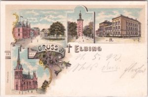 Elbing (Elbląg), u.a. Schule, Farblitho, ca. 1900
