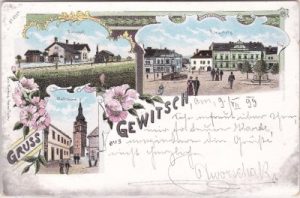 Gewitsch (Jevicko), u.a. Bahnhof, Farblitho, ca. 1895