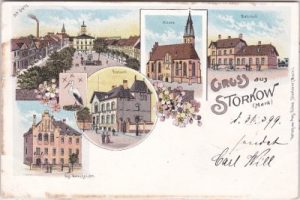 15859 Storkow (Mark), u.a. Bahnhof, Farblitho, ca. 1895