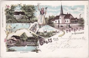 15913 Straupitz (Spreewald), u.a. Bahnhof, Farblitho, ca. 1900