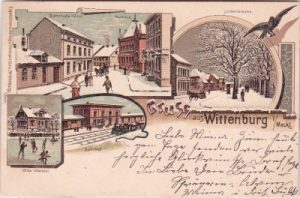 19243 Wittenburg, u.a. Bahnhof, Winterlitho, Farblitho, ca. 1900