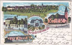 16247 Friedrichswalde, u.a. Bahnhof, Farblitho, ca. 1900