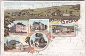 08324 Bockau (Erzgebirge), u.a. Bahnhof, Farblitho, ca. 1900