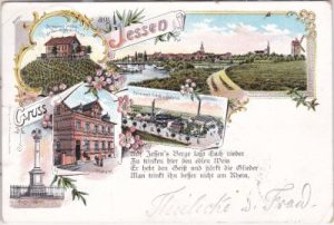 06917 Jessen (Elster), u.a. Fabrik, Bahnhof, Farblitho, ca. 1895