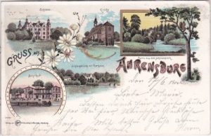 22926 Ahrensburg, u.a. Bahnhof, Farblitho, ca. 1900