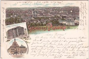 08523 Plauen im Vogtland, u.a. Industrieschule, Farblitho, ca. 1895