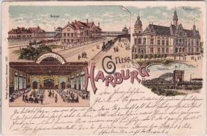21079 Hamburg-Harburg, u.a. Bahnhof, Wartesaal, Farblitho, ca. 1895