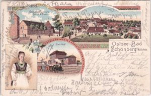 24217 Schönberg (Holstein), u.a. Bahnhof, Farblitho, ca. 1895