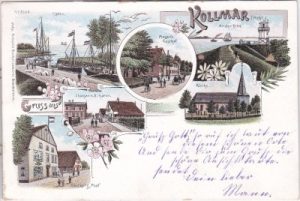 25377 Kollmar, u.a. Gasthof, Elbe, Hafen, Farblitho, ca. 1900