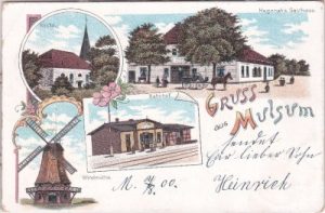27449 Mulsum (Kutenholz), u.a. Bahnhof, Farblitho, ca. 1900