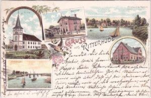 27721 Ritterhude, u.a. Bahnhof, Farblitho, ca. 1895