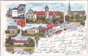 32584 Mennighüffen (Löhne), u.a. Bahnhof, Farblitho, ca. 1895