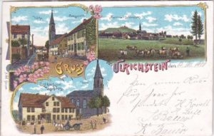 35327 Ulrichstein, u.a. Gasthaus zum Vogelsberg, Farblitho, ca. 1900