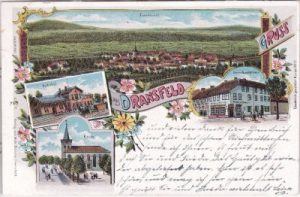 37127 Dransfeld, u.a. Bahnhof, Farblitho, ca. 1900