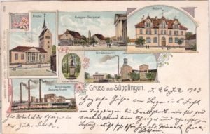 38373 Süpplingen, u.a. Schacht, Zuckerraffinerie, Farblitho, ca. 1900