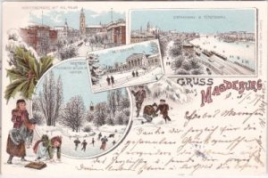 39104 Magdeburg, u.a. Bahnhof, Winterlitho, Farblitho, ca. 1895