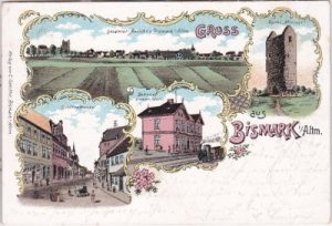 39629 Bismark (Altmark), u.a. Bahnhof, Farblitho, ca. 1900