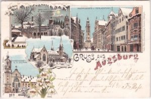 86150 Augsburg, u.a. Perlachturm, Winterlitho, Farblitho, ca. 1895