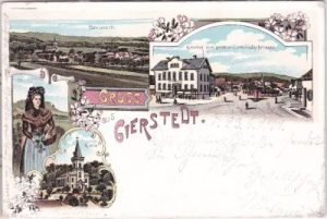 99100 Gierstädt, u.a. Gasthof zum Goldenen Lamm, Farblitho, ca. 1900