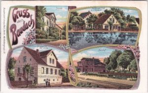 Baudach (Budachow), u.a. Bahnhof, Farblitho, ca. 1905