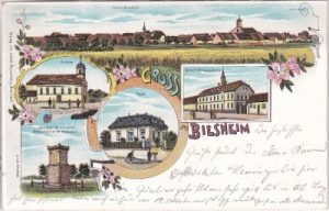 Biesheim im Elsaß (Biese), u.a. Post, Farblitho, ca. 1900