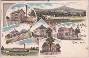 Groß Grünau (Velky Grunov), u.a. Bahnhof, Farblitho, ca. 1905
