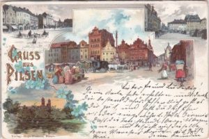 Pilsen (Plzen), u.a. Markt, Farblitho, ca. 1895