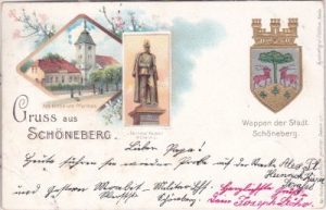 10827 Berlin-Schöneberg, u.a. Pfarrhaus, Wappen, Farblitho, ca. 1895