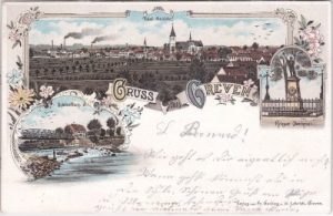48268 Greven, u.a. Schöneflieth, Krieger-Denkmal, Farblitho, ca. 1900