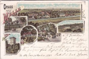 49324 Melle, u.a. Gesamtansicht mit Bahnhof, Farblitho, ca. 1895