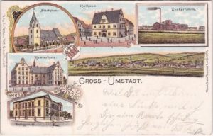 64823 Groß-Umstadt, u.a. Zuckerfabrik, Farblitho, ca. 1900