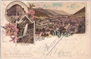 72574 Bad Urach, u.a. Hotel zur Post, Farblitho, ca. 1895
