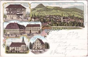 73116 Wäschenbeuren, u.a. Gasthaus zum Hirsch, Farblitho, ca. 1900
